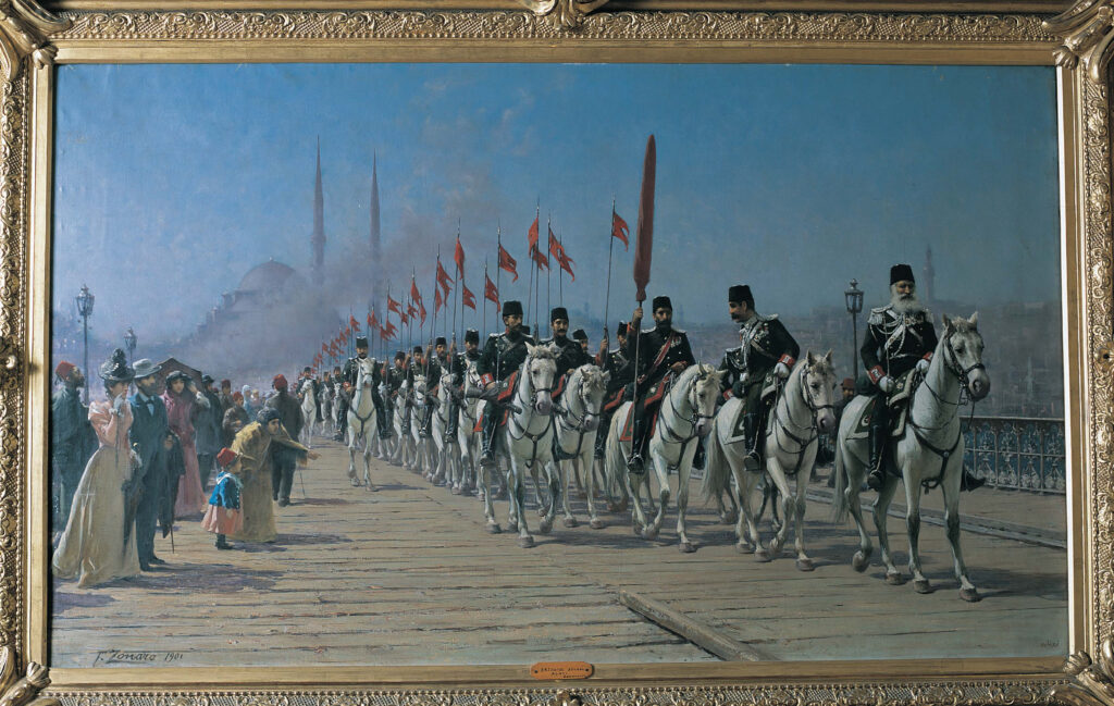Fausto Zonaro (1854-1929), Ertuğrul Süvari Alayının Galata Köprüsü’nden Geçişi, TC Milli Saraylar Koleksiyonu İstanbul.